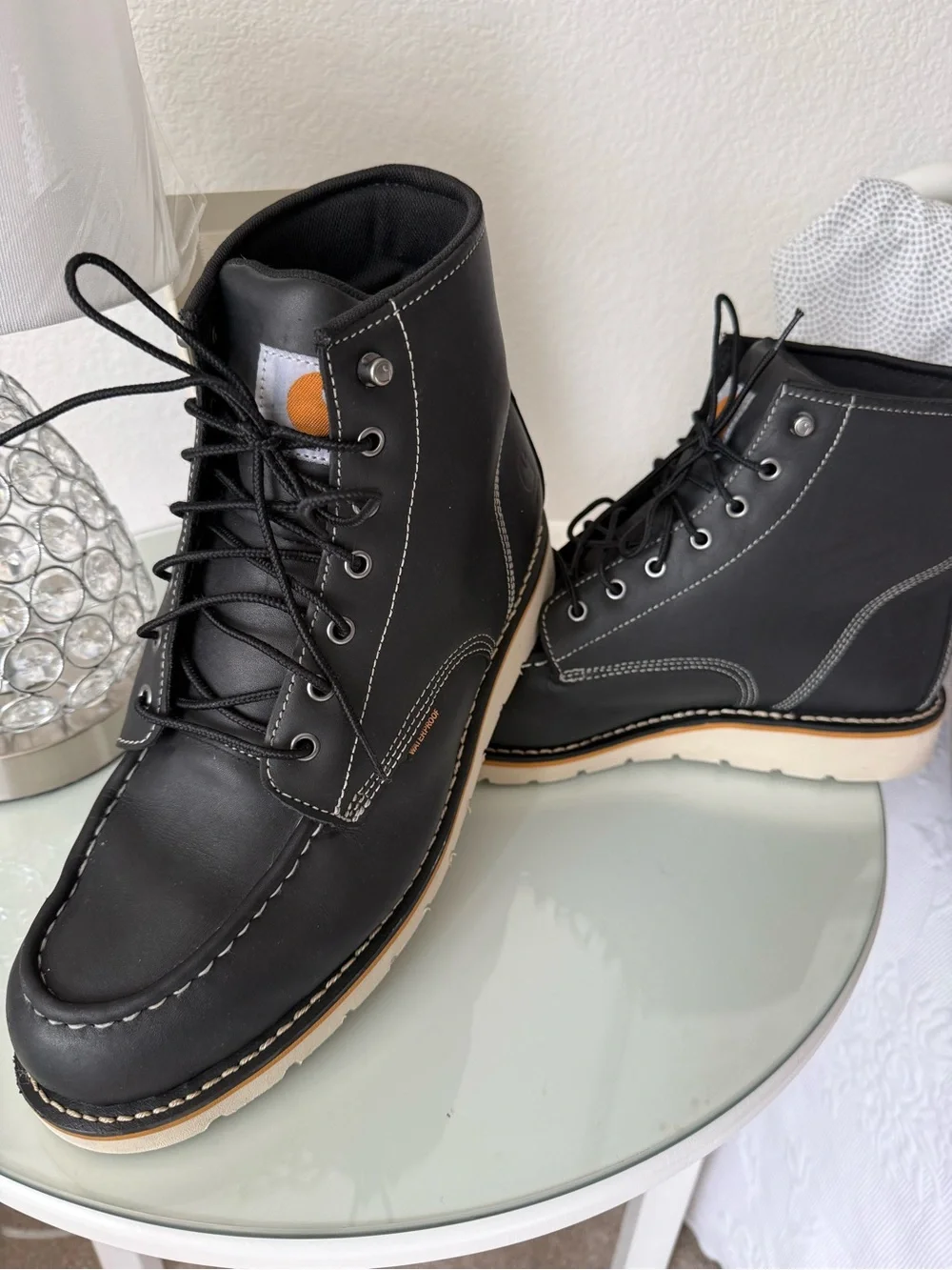 Carhartt Black Moc Toe Work Boots with Tan Outsole